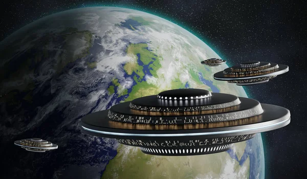 Many alien spaceships flying to Earth. UFO invasion concept. 3D rendered illustration. Elements of this image furnitured by NASA.