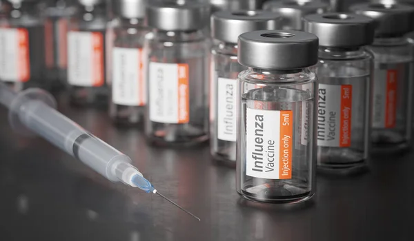インフルエンザウイルスに対するインフルエンザワクチンを備えた医療用ボトル 3Dレンダリングイラスト — ストック写真