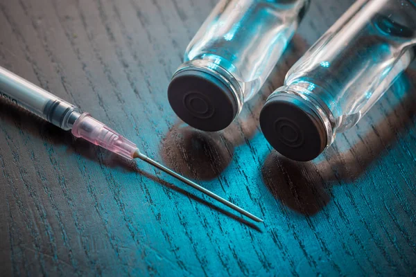 Vaccinatie Flessen Houten Tafel Injectie Schot Inentings Immunisatieconcept — Stockfoto