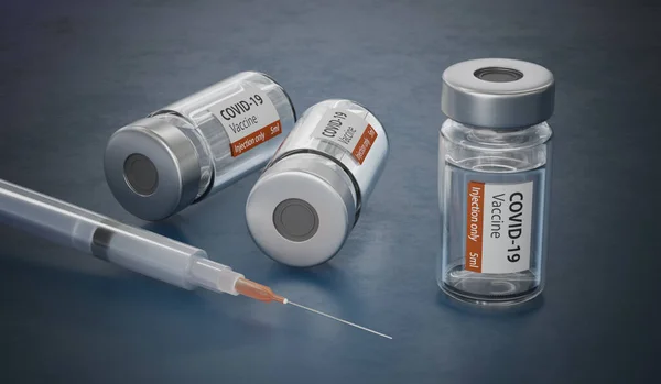 Covid 19ワクチンでシリンジとボトル 3Dレンダリングイラスト — ストック写真