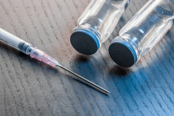 Vaccinatie Flessen Houten Tafel Injectie Schot Inentings Immunisatieconcept — Stockfoto