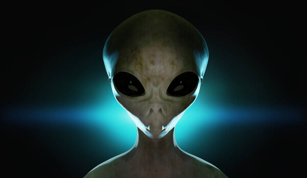 Spooky alien's face. Blue light in background. 3D rendered illustration.