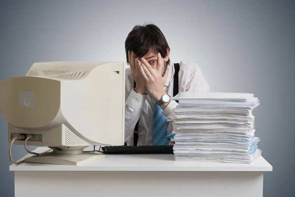 Funny Man Covering Face Looking Pile Documents Desk Paperwork Concept — Stock Photo, Image