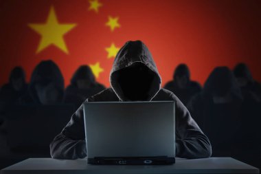 Many chinese hackers in troll farm. Privacy and security concept. clipart