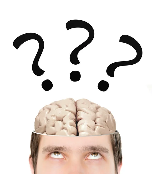 Pontos de interrogação acima do cérebro dentro da cabeça cortada — Fotografia de Stock