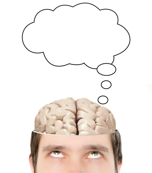 Bolha acima do cérebro dentro pensando cabeça de homem fatiado — Fotografia de Stock