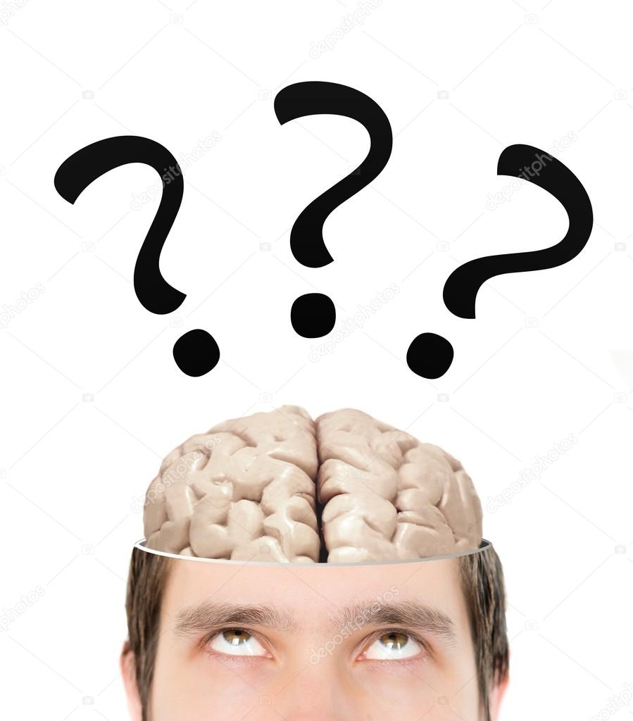 Question marks above brain inside sliced head