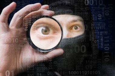 İkili kod tarama maskeli anonim hacker. Güvenlik kavramı.