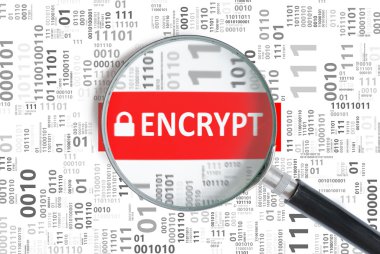 Computer security and encryption concept. Encrypt word inside magnifying glass. clipart