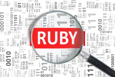 Yazılım geliştirme kavramı. Büyüteç ikili kod içinde Ruby programlama dili.