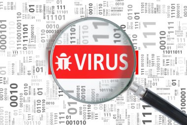 Bilgisayar güvenlik kavramı. Büyüteç ikili kod içinde virüs uyarısı