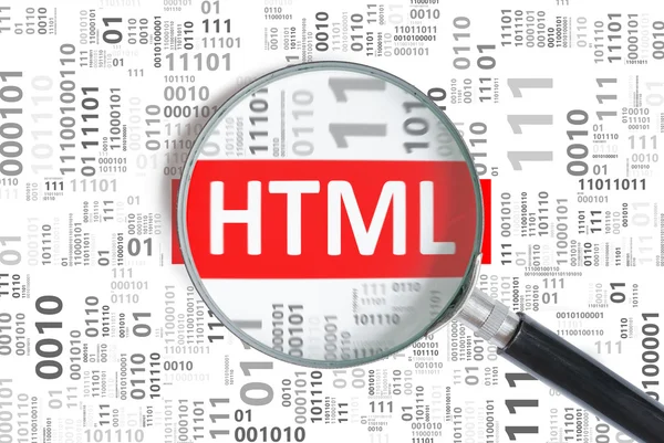 Desarrollo de sitios web y concepto de diseño web. Lenguaje de programación HTML dentro de lupa en código binario . —  Fotos de Stock