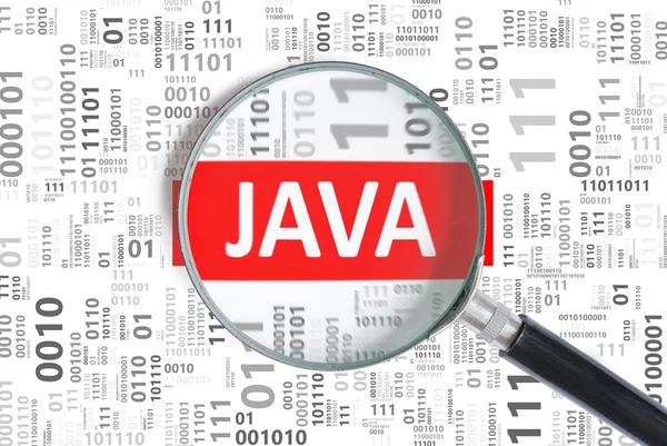 Software development concept. Java programming language inside magnifying glass in binary code.