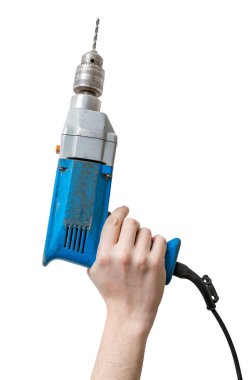 Beyaz adamın eli matkap tutan. Bakım kavramı.