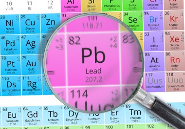 Kurşun - büyüteç ile büyütülmüş Mendeleev periyodik tablonun öğesi