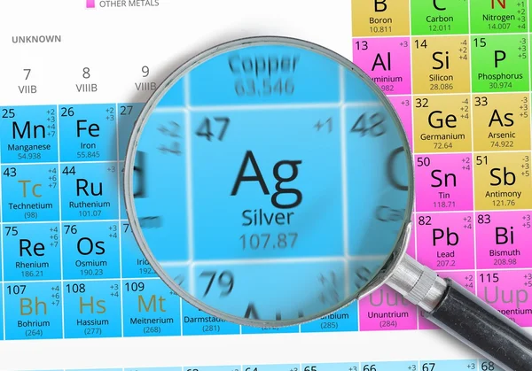 Prata - Elemento de Mendeleev Mesa periódica ampliada com lupa — Fotografia de Stock