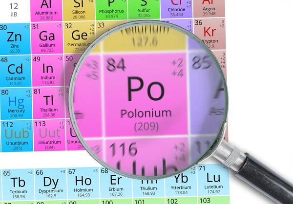 Polonium - Element of Mendeleev Periodic table magnified with magnifier — Stock Photo, Image