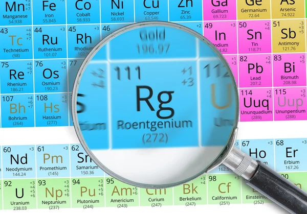 Roentgenium - Élément de Mendeleev Tableau périodique agrandi avec loupe — Photo