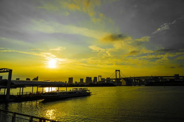 Wieczór Odaiba Seaside Park Przystanek Autobusu Wodnego Strzelanie Lokalizacja Tokio — Zdjęcie stockowe