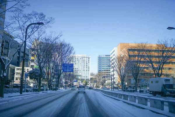 Śnieg Zbiera Się Przy Wschodnim Wyjściu Stacji Sendai Rozmieszczenie Sendai — Zdjęcie stockowe