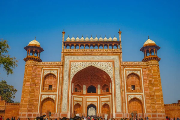 Taj Mahal Grande Portão Torre Índia Agra Localização Tiro Índia — Fotografia de Stock