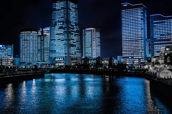 Yokohama Minato Mirais Cena Noturna Todos Edifício Luz Para Cima — Fotografia de Stock