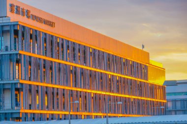 Toyosu Pazarı gün batımında parlıyor.