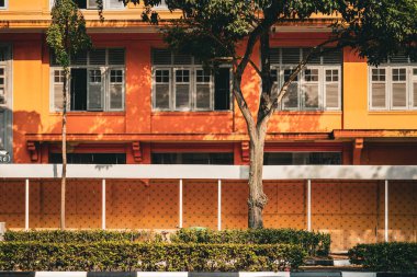 Turuncu dış duvar ve yürüyen kadın.