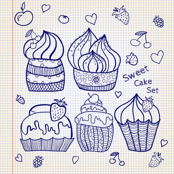 Ensemble de gâteaux sur feuille de carnet — Image vectorielle