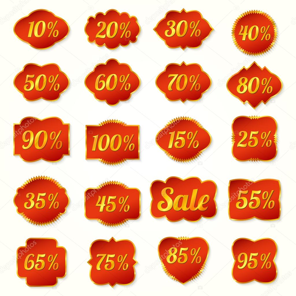 Gold and red set of labels percent for sales