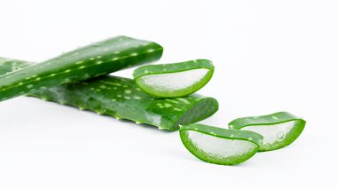 Aloe vera taze ıslak yapraklar ve beyaz arka planda dilimler