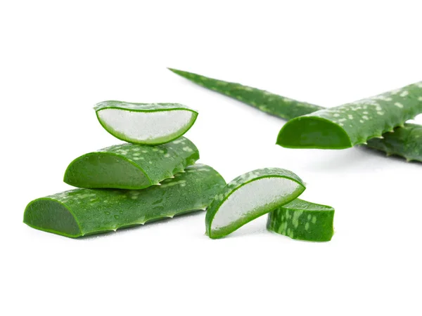 Aloe vera taze ıslak yapraklar ve beyaz arka planda dilimler 