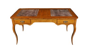 Beyaz arkaplanda izole edilmiş antik dikdörtgen ahşap masa