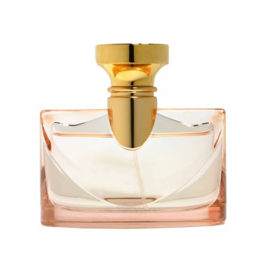 Beyaz arka planda izole edilmiş cam parfüm şişesi. Yakın çekim.