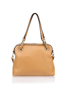 Dişi açık kahverengi sığır derisi çanta. Beyaz arkaplanda izole