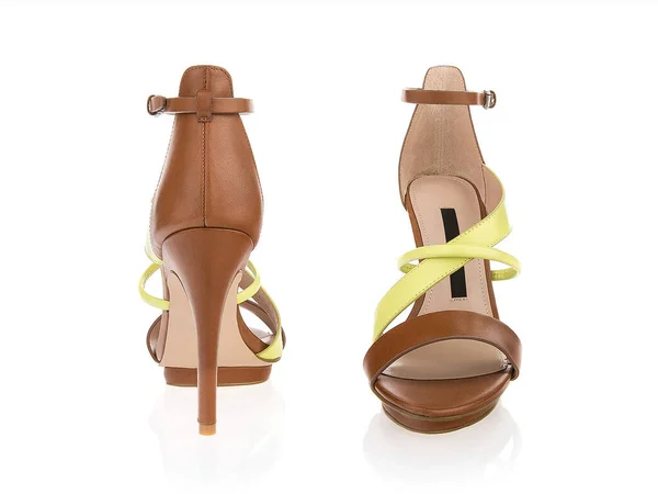 Stylish Summer High Heels Female Brown Yellow Leather Shoes Isolated — Stock Photo, Image