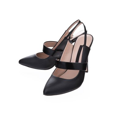 Kaliteli yüksek topuklu yaz ayakkabıları, kadın siyah bej deri ayakkabılar. Beyaz arkaplanda izole