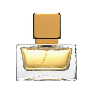 Beyaz arka planda izole edilmiş cam parfüm şişesi. Yakın çekim.