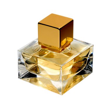 Beyaz arka planda izole edilmiş cam parfüm şişesi. Yakın çekim.