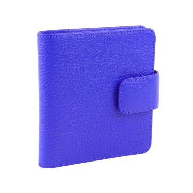 Hakiki sığır derisinden yapılmış yeni mavi cüzdan. Beyaz arka planda izole edilmiş. Yakın çekim. 