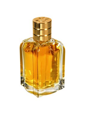 Beyaz arka planda izole edilmiş cam parfüm şişesi. Yakın çekim.