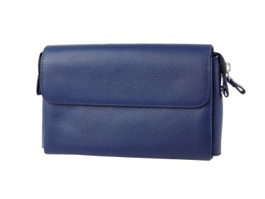 Hakiki sığır derisinden yapılmış yeni mavi cüzdan. Beyaz arka planda izole edilmiş. Yakın çekim. 