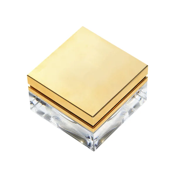 Caixa Dourada Quadrada Vidro Caixa Isolada Fundo Branco Sem Sombras — Fotografia de Stock