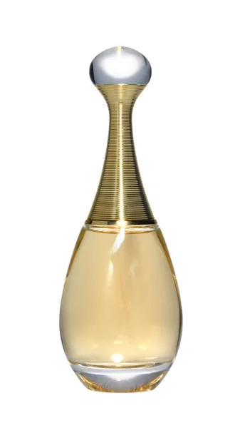 白い背景に隔離された香水の水のガラス瓶 クローズアップショット — ストック写真