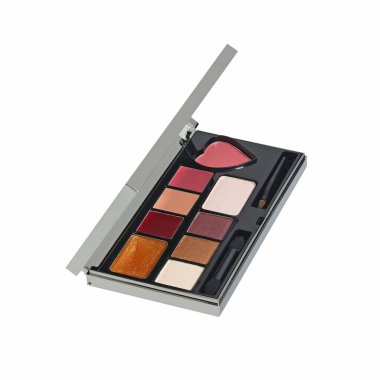 Beyaz arkaplanda izole edilmiş gümüş siyah plastik kutuda göz gölgeli ve aplikatörlü açık kozmetik set