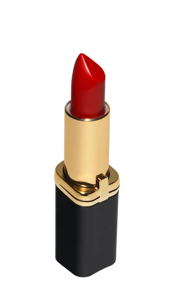 Lápiz Labial Rojo Abierto Tubo Negro Dorado Aislado Sobre Fondo — Foto de Stock