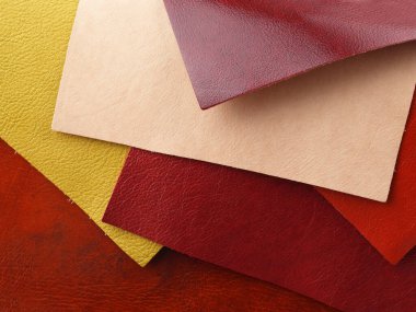 Farklı renkler kırmızı deri arka planda doğal deri dokusu örnekleri