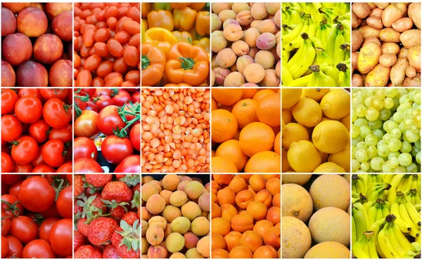 Collage of healthy organic red, yellow and orange fruit and vegetables