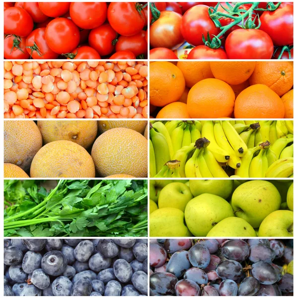 Collage di diversi frutta e verdura biologica colorata in ordine arcobaleno — Foto Stock