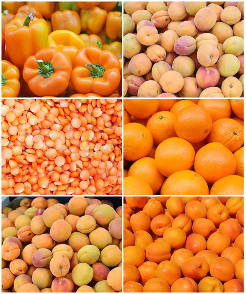 Collage of healthy organic orange fruit and vegetables - bell peppers, carrots, oranges